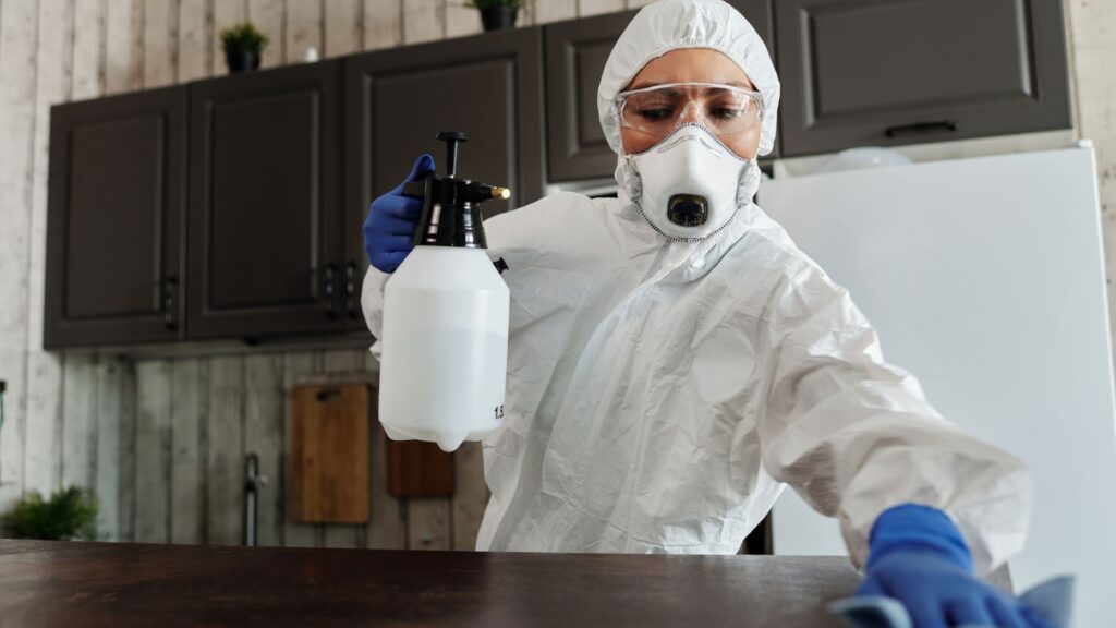 Cleaner sanitising kitchen area